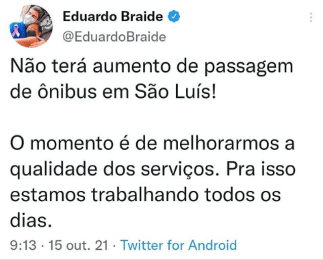 Braide afirma que não haverá aumento na passagem de ônibus em São Luís O anúncio veio após o Sindicato dos Rodoviários anunciar greve geral prevista para o dia 21 de outubro.